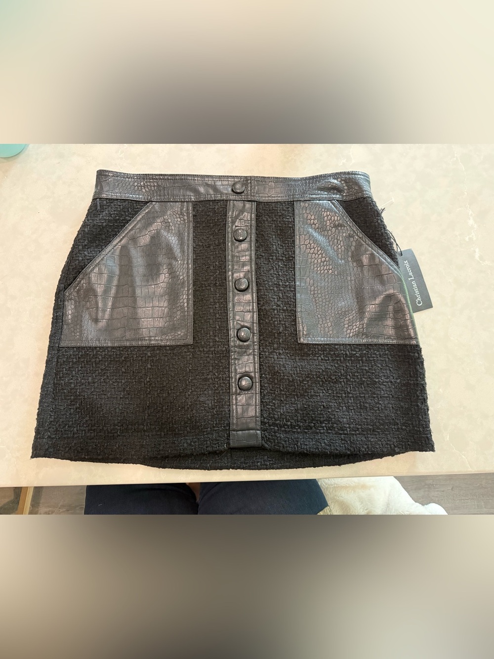 Christian Lacroix Black Textured Tweed Mini Skirt with Faux Leather Trim